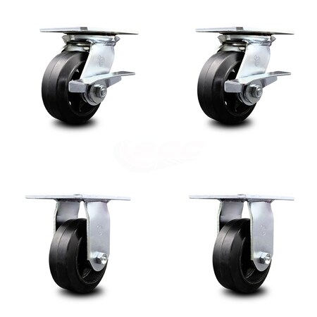 Service Caster 5 Inch Rubber on Steel Caster Set with Ball Bearing 2 Brakes and 2 Rigid SCC SCC-35S520-RSB-SLB-2-R-2
